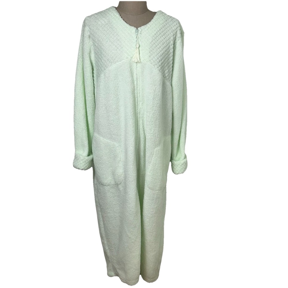 Miss Elaine Tassel Zip-Front Long Sleeve Soft Terry Fleece Robe Mint Green L NWT
